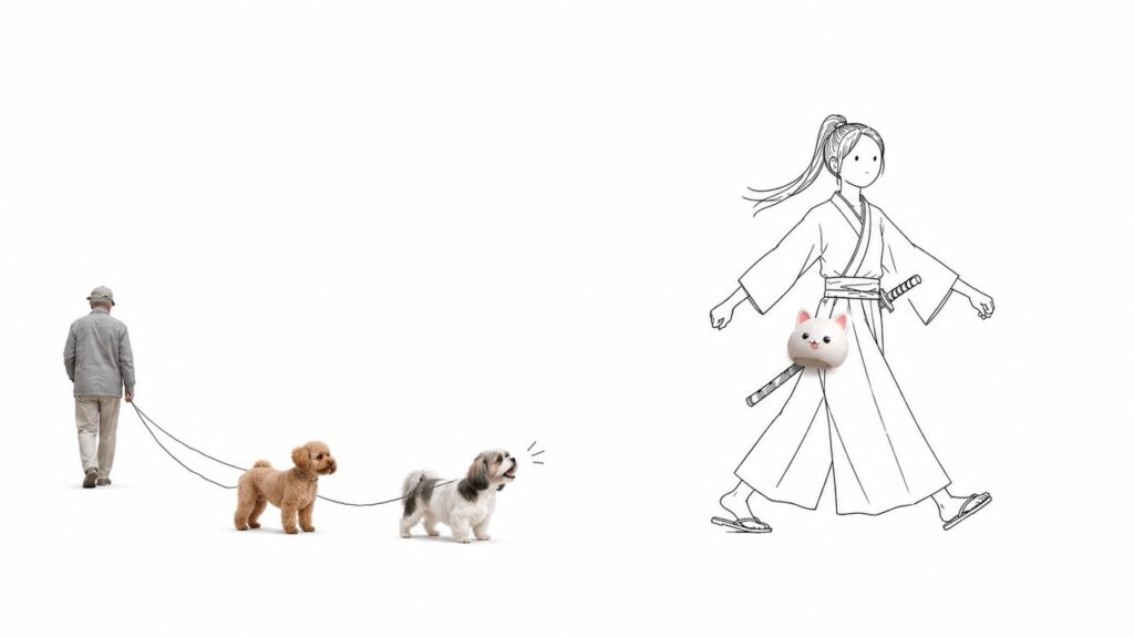 散歩中、すれ違った犬に振り返って吠えられているのに気づかず歩く女武士のイラスト