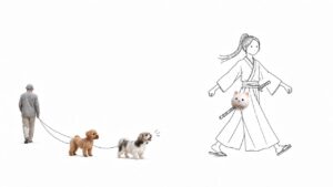 散歩中、すれ違った犬に振り返って吠えられているのに気づかず歩く女武士のイラスト