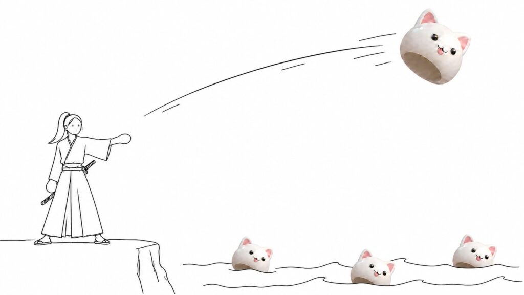 猫のお面を海へ投げる着物の女性。海にはすでに同じ猫のお面が3つ浮いている