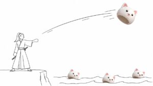 猫のお面を海へ投げる着物の女性。海にはすでに同じ猫のお面が3つ浮いている