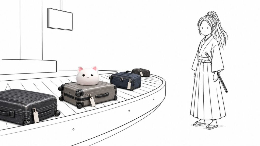 線画の荷物受取レーンに、実写のスーツケースと猫のお面だけが乗って流れてくる。それを見ている女武士