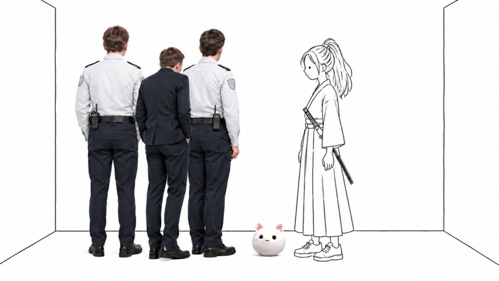 エレベーターの中。後ろ姿の警備員二人とスーツの一人、名札を見つめる女武士。床に猫のお面
