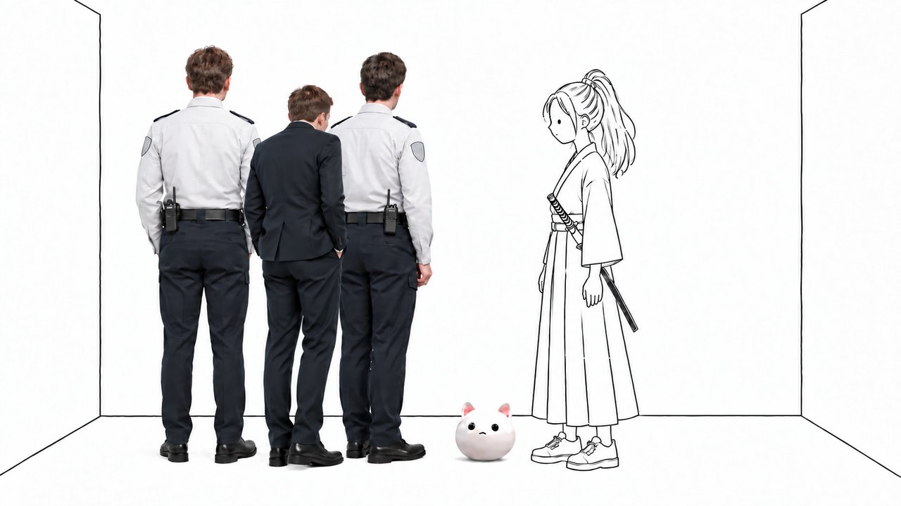 エレベーターの中。後ろ姿の警備員二人とスーツの一人、名札を見つめる女武士。床に猫のお面