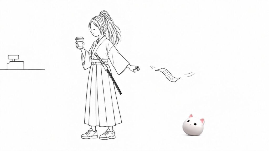 コーヒーを受け取った女武士の手から、レシートが一枚飛んでいく。猫のお面が見送っている