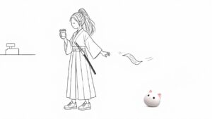 コーヒーを受け取った女武士の手から、レシートが一枚飛んでいく。猫のお面が見送っている