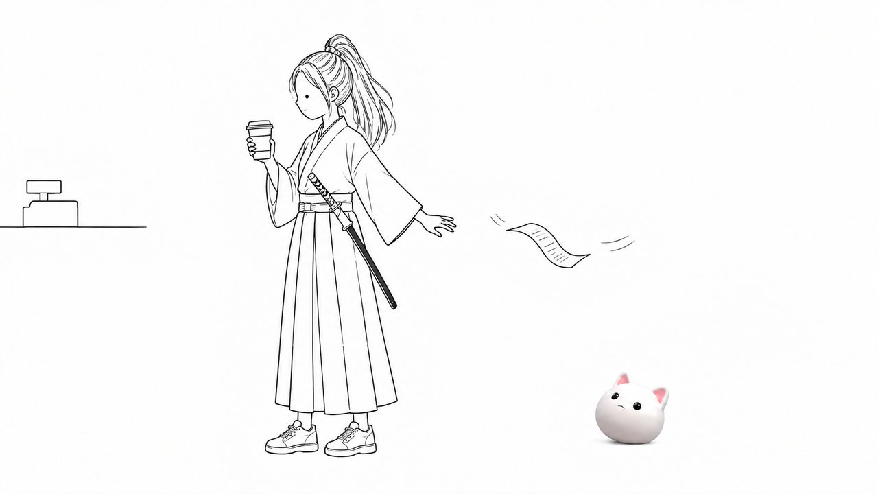 コーヒーを受け取った女武士の手から、レシートが一枚飛んでいく。猫のお面が見送っている