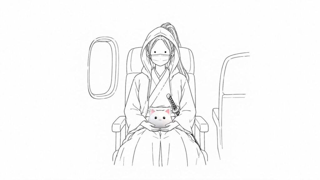 機内の座席で、フードをかぶりマスクをした女武士。目は開いていて、膝に手乗りサイズの猫のお面