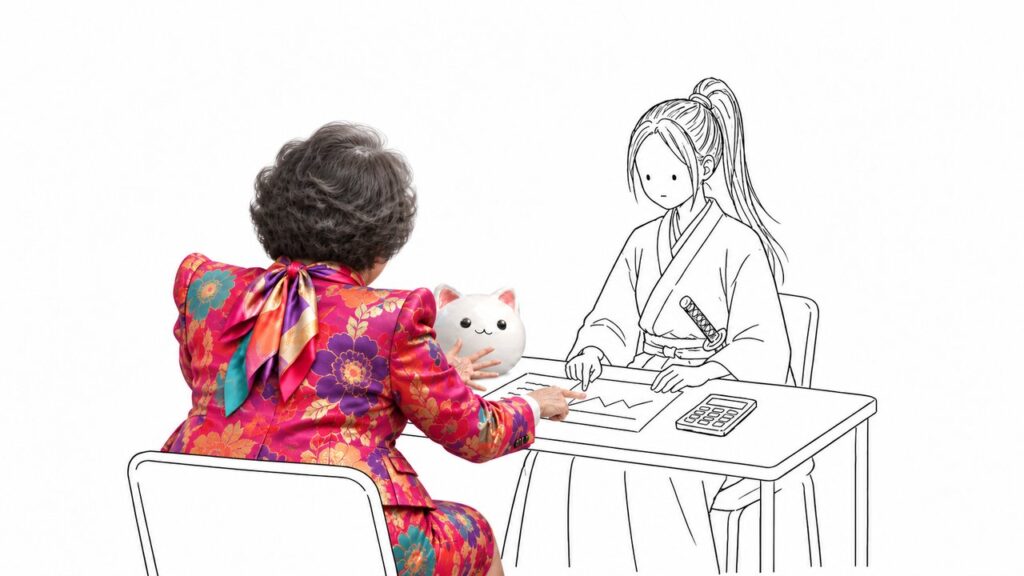 机を挩んで、派手な花柄ジャケットの保険セールスレディ（後ろ姿）と向かい合う女武士。机の上に猫のお面