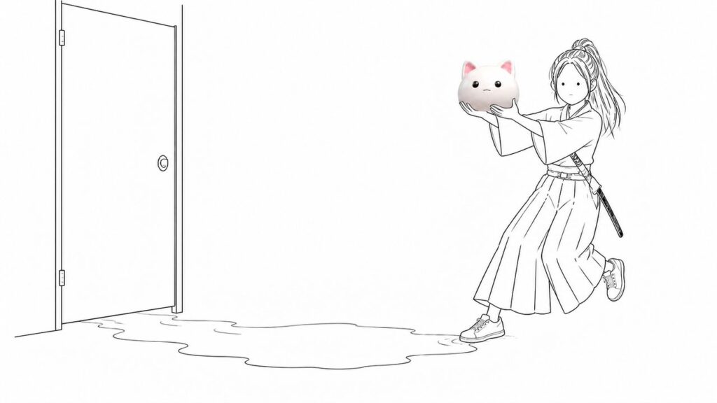 トイレの扉の下から広がる水たまり。猫のお面を抱えて逃げる女武士。スニーカーの片足はもう水の中