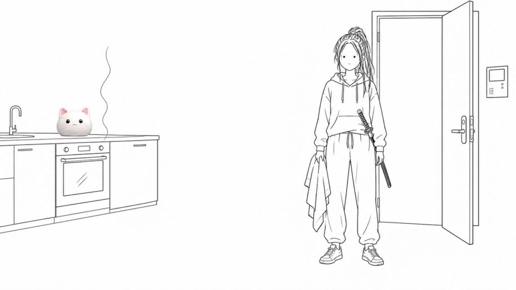 スエット姿でタオルを持ち、開け放ったドアの前で棒立ちの女武士。奥のオーブンから煙、カウンターに猫のお面