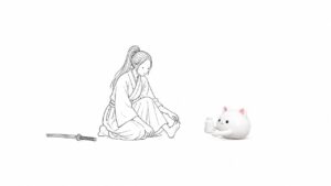 刀を置いて足の小指の手入れをする女武士と、オイルのボトルを抱えた猫