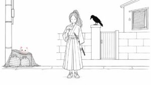 住宅街の門の前で封筒を持って立つ女武士。門柱にカラス、ゴミ置き場のネットの上に猫のお面