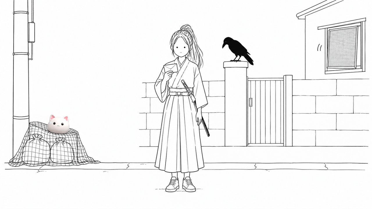 住宅街の門の前で封筒を持って立つ女武士。門柱にカラス、ゴミ置き場のネットの上に猫のお面