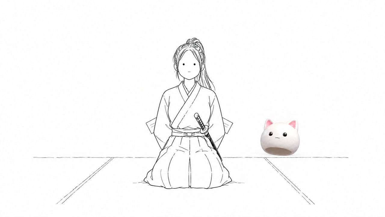 正面を向いて正座し、両手を背中に回した女武士。腰の後ろから封筒がはみ出している。横に猫のお面