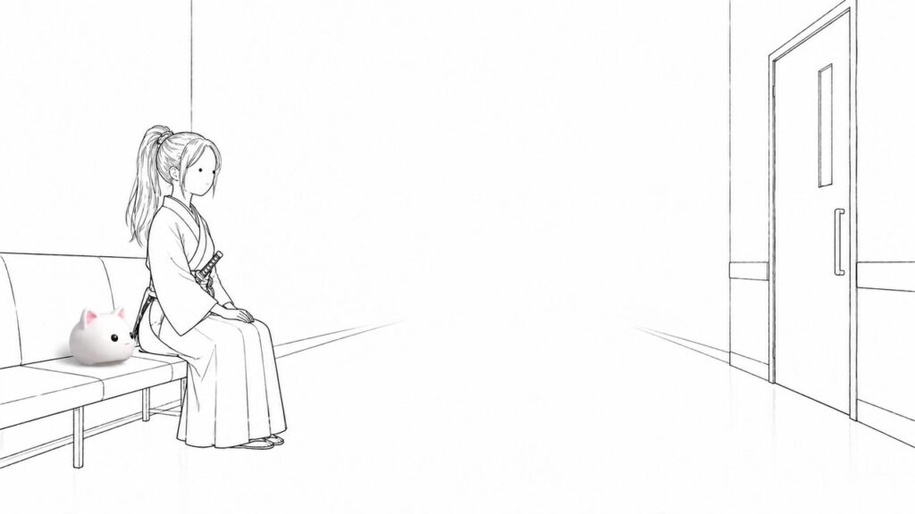 病院の廊下で待つ女武士